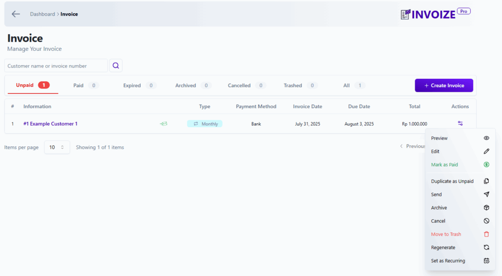 invoize management dashboard
