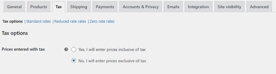 the option for taxes setting